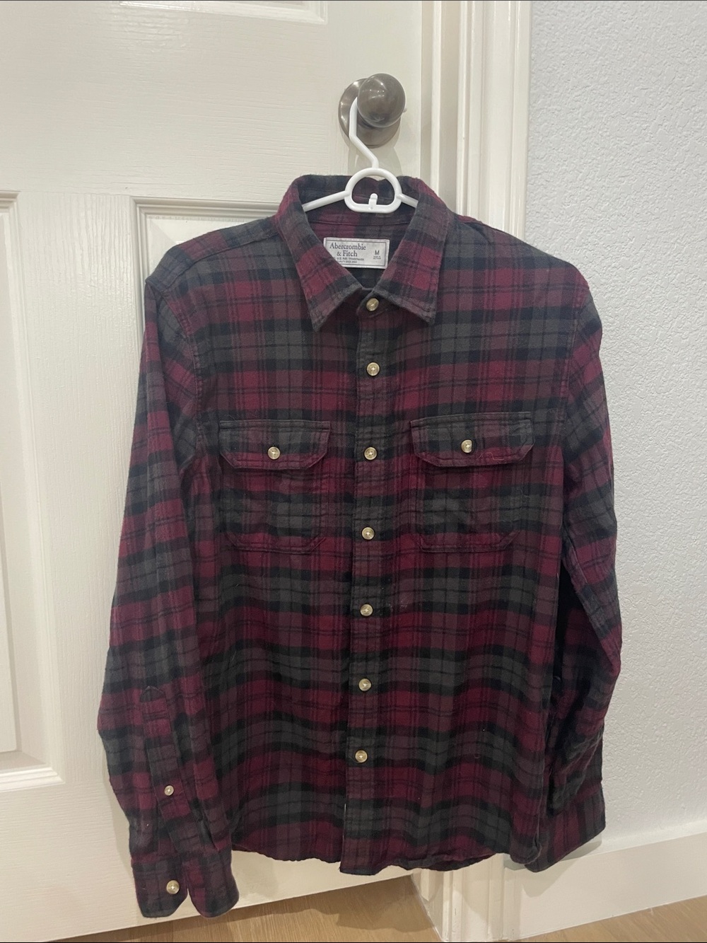 Abercrombie & Fitch Burgundy and Black Plaid Button-Down Shirt